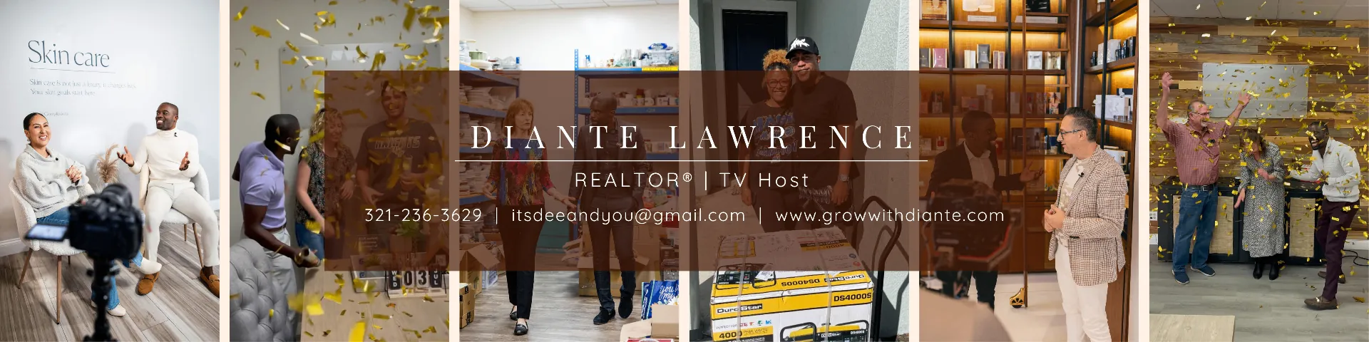 Photo collage of Diante Lawrence with clients and at community events in Orlando, FL